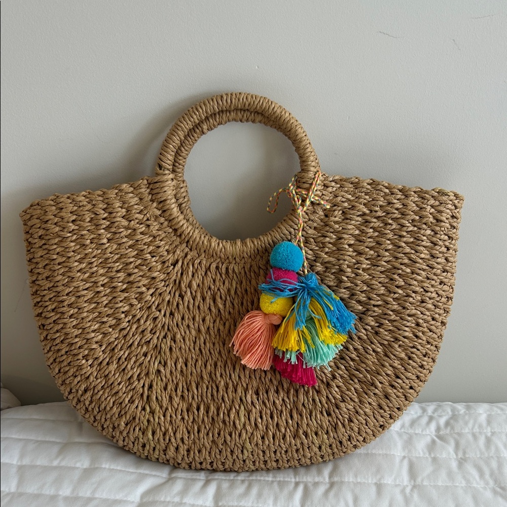 Handwoven Tan Straw Bag with Colorful Tassels